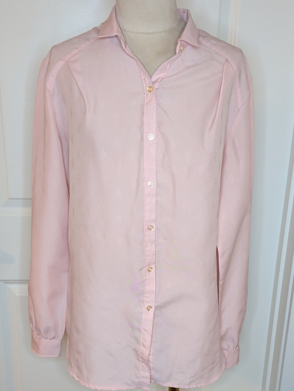 Vintage 70s Light Pink Blouse Pastel Button Front Business Casual SZ M